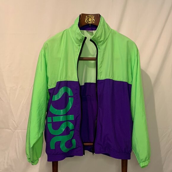 Vtg Asics Track Jacket Sz Med Full Zip Lime Green Purple Vented Lg Logo 1990's - Picture 3 of 10